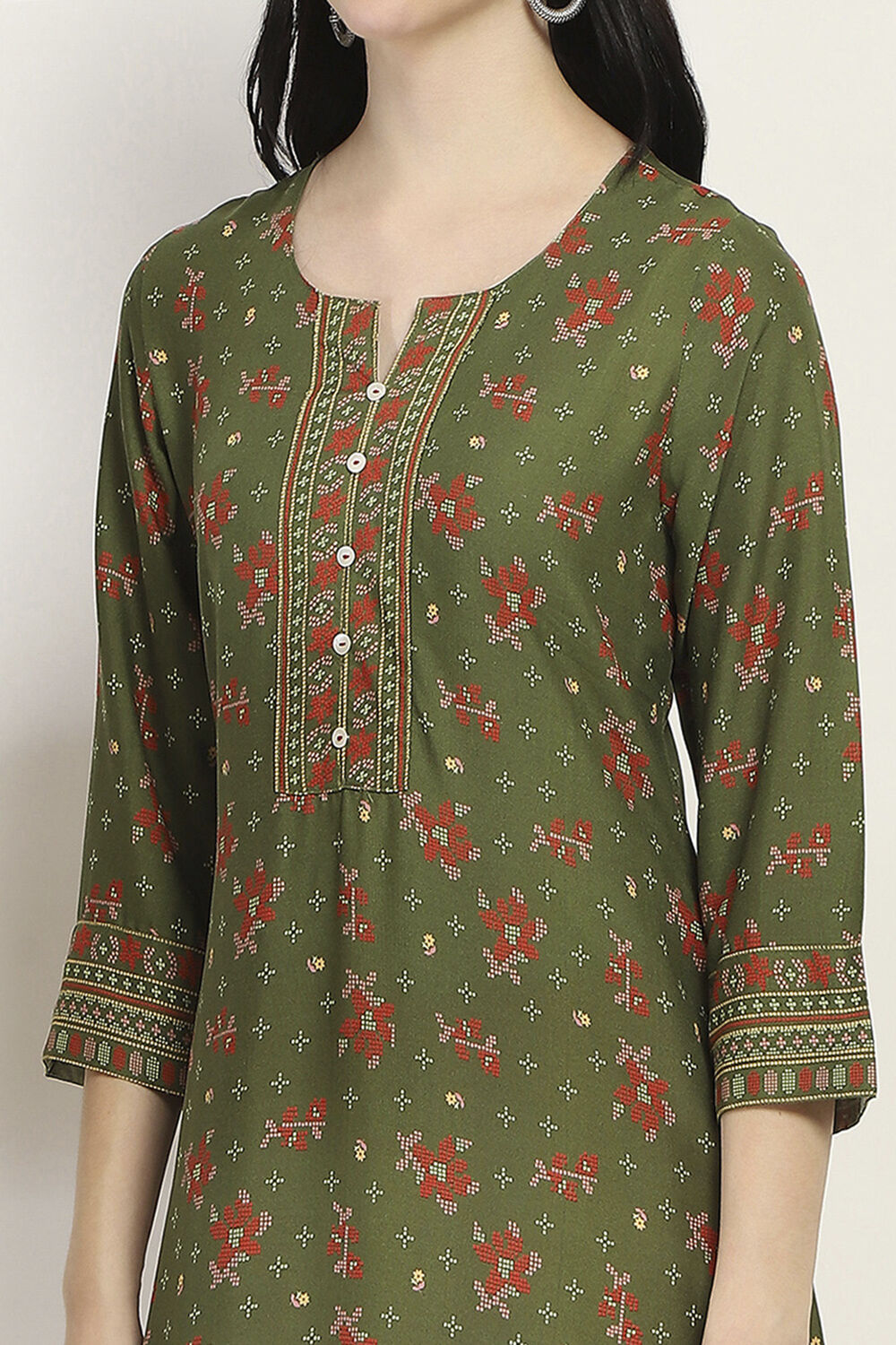 Olive Green Printed Straight Kurta image number 1