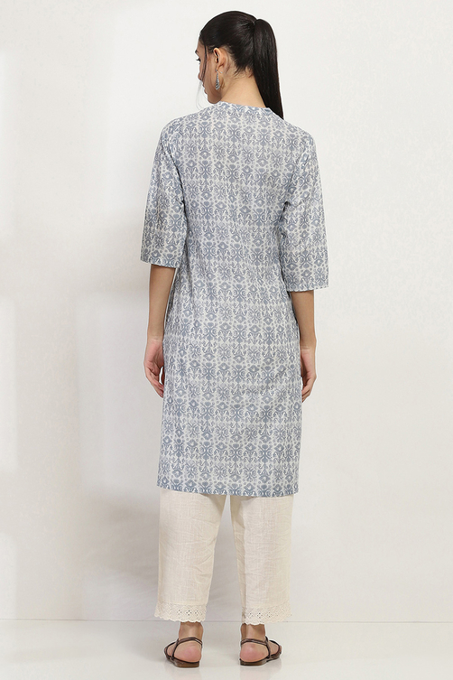 Grey Cotton Printed Straight Kurta image number 3