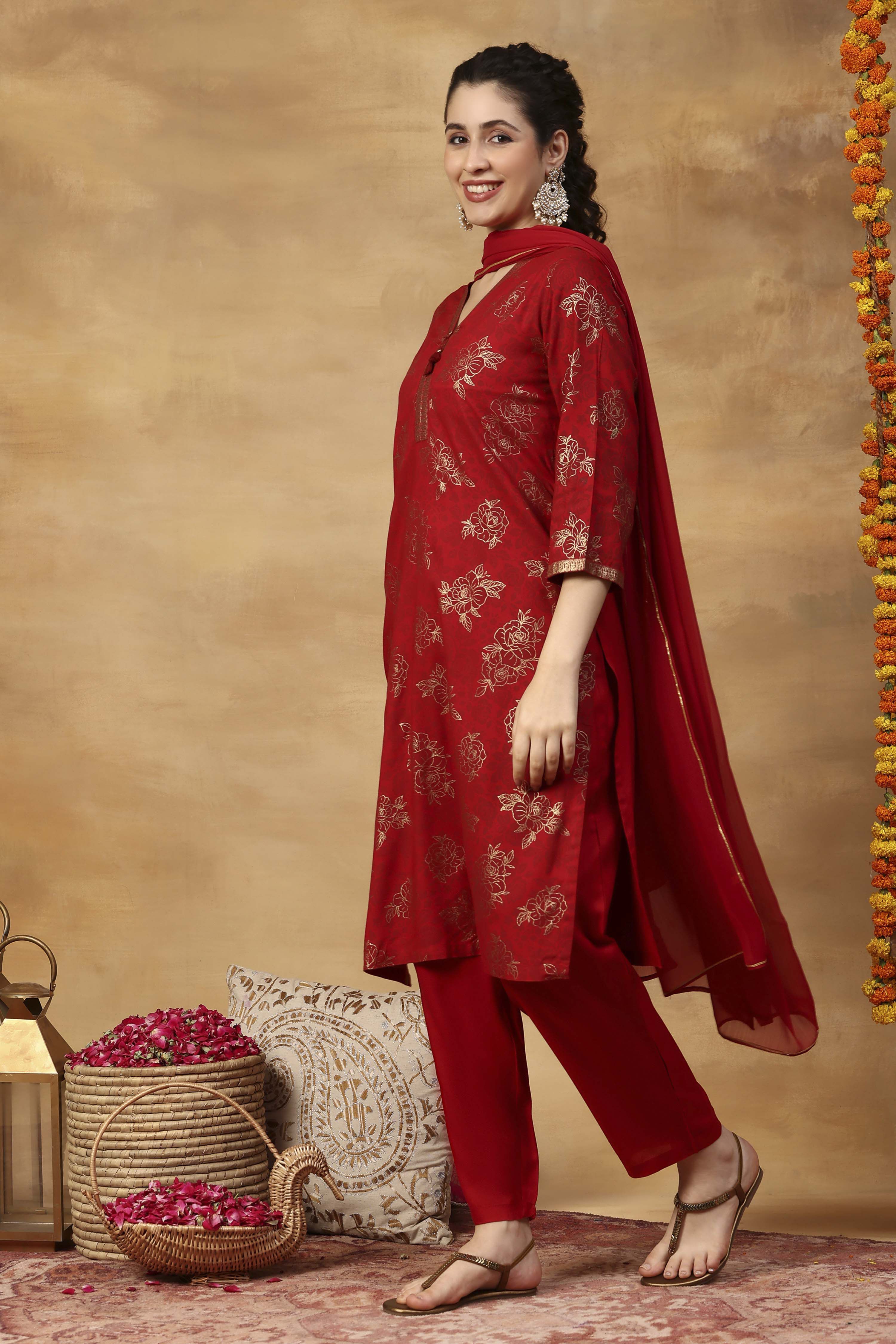 Red Printed Viscose Rayon Straight Kurta Set image number 3