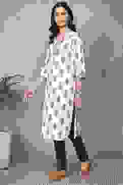 Off-White Cotton Printed Straight Kurta image number 2