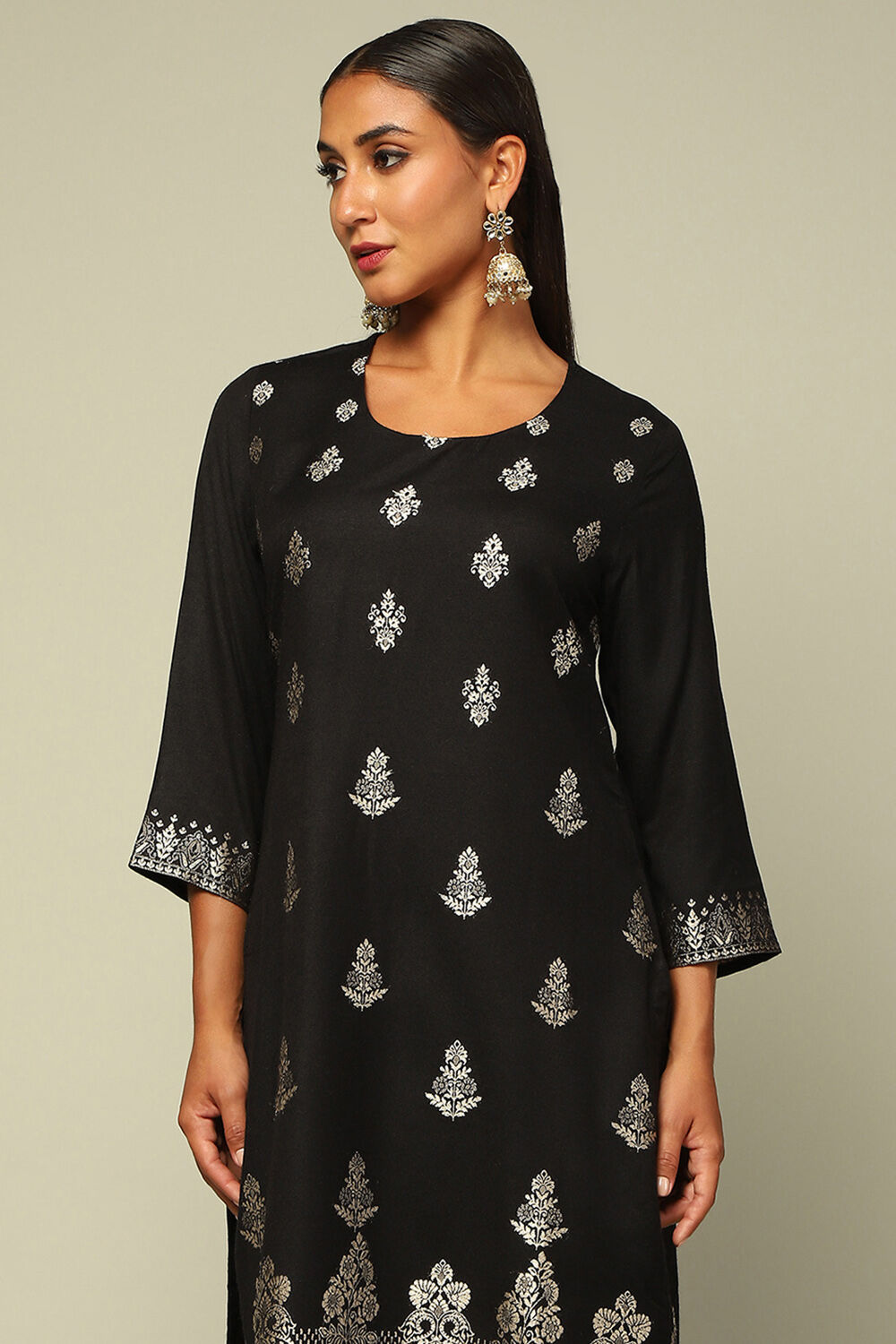 Black Acrylic Straight Yarn Dyed Kurta Palazzo Suit Set image number 1