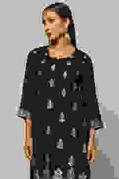 Black Acrylic Straight Yarn Dyed Kurta Palazzo Suit Set image number 1