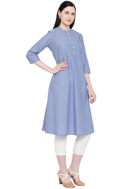 Light-Blue Chambray A-Line Kurta image number 3