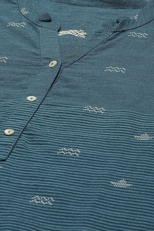 Blue Cotton Striped Straight Kurta image number 1