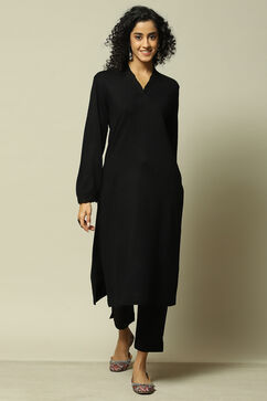 Black Acrylic Straight Solid Kurta image number 5