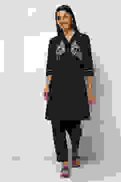 Black Cotton Gathered Kurta Set image number 6