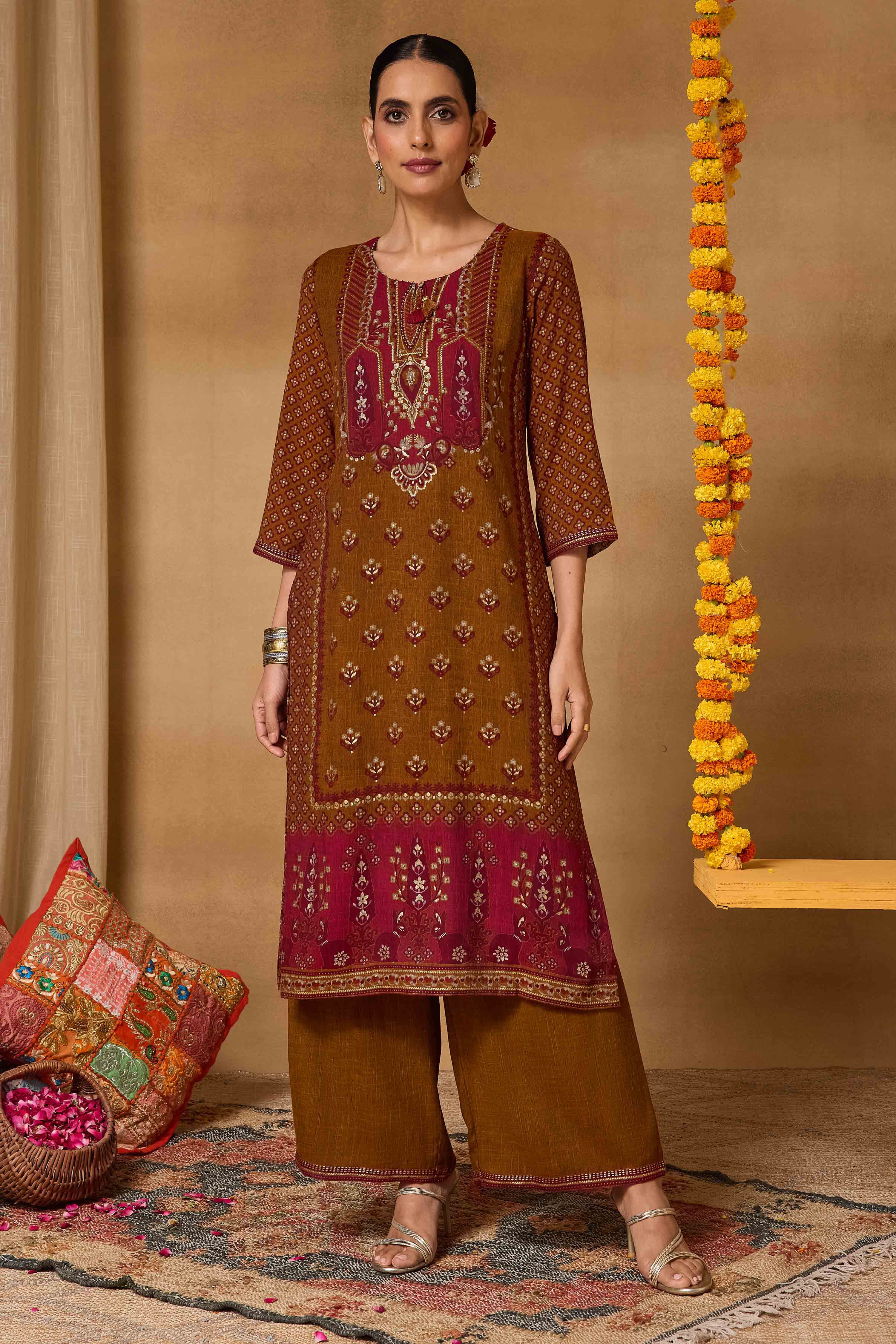 Mustard Viscose Blend Straight Printed Suit Set image number 9