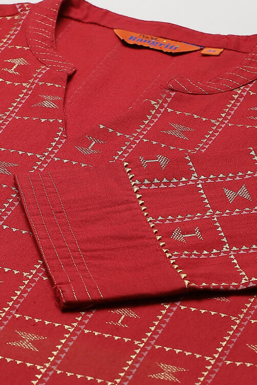 Red Cotton Flax Straight Kurta image number 1