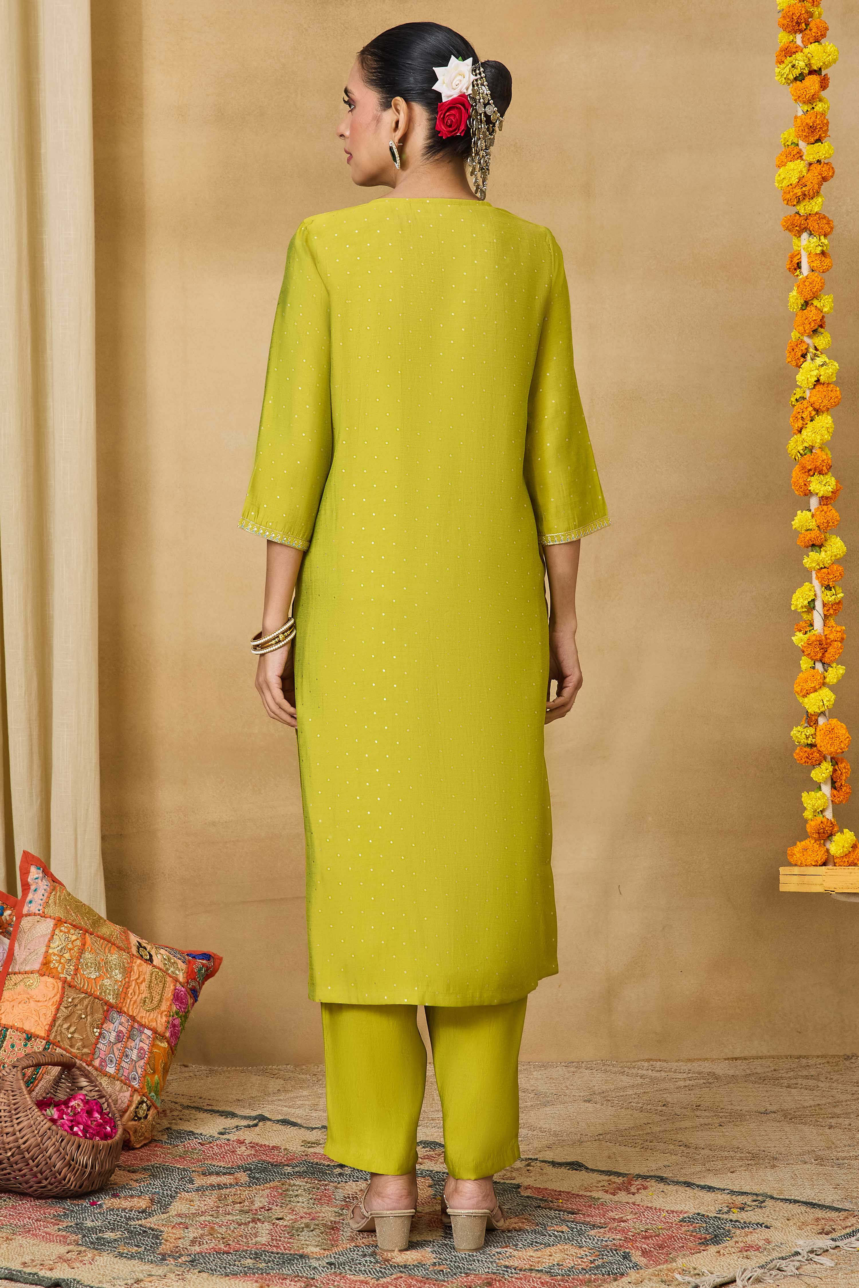 Lime Viscose Blend Straight Printed Suit Set image number 5