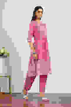 Pink Cotton Kurta Pants Set image number 5