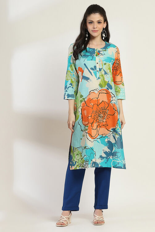Aqua Cotton Straight Kurta image number 5