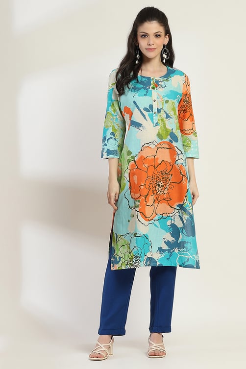 Aqua Cotton Printed Straight Kurta image number 5