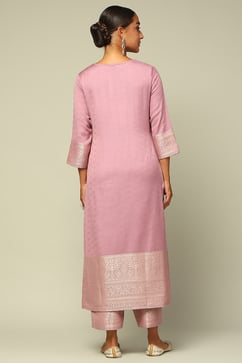 Lavender Acrylic Straight Yarn Dyed Kurta Palazzo Suit Set image number 4