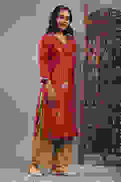 Red Printed Straight Kurta image number 4