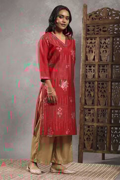 Red Viscose Blend Printed Straight Kurta image number 4