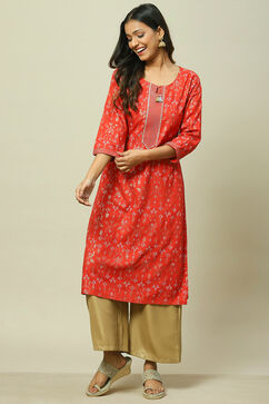 Red LIVA Straight Kurta image number 0