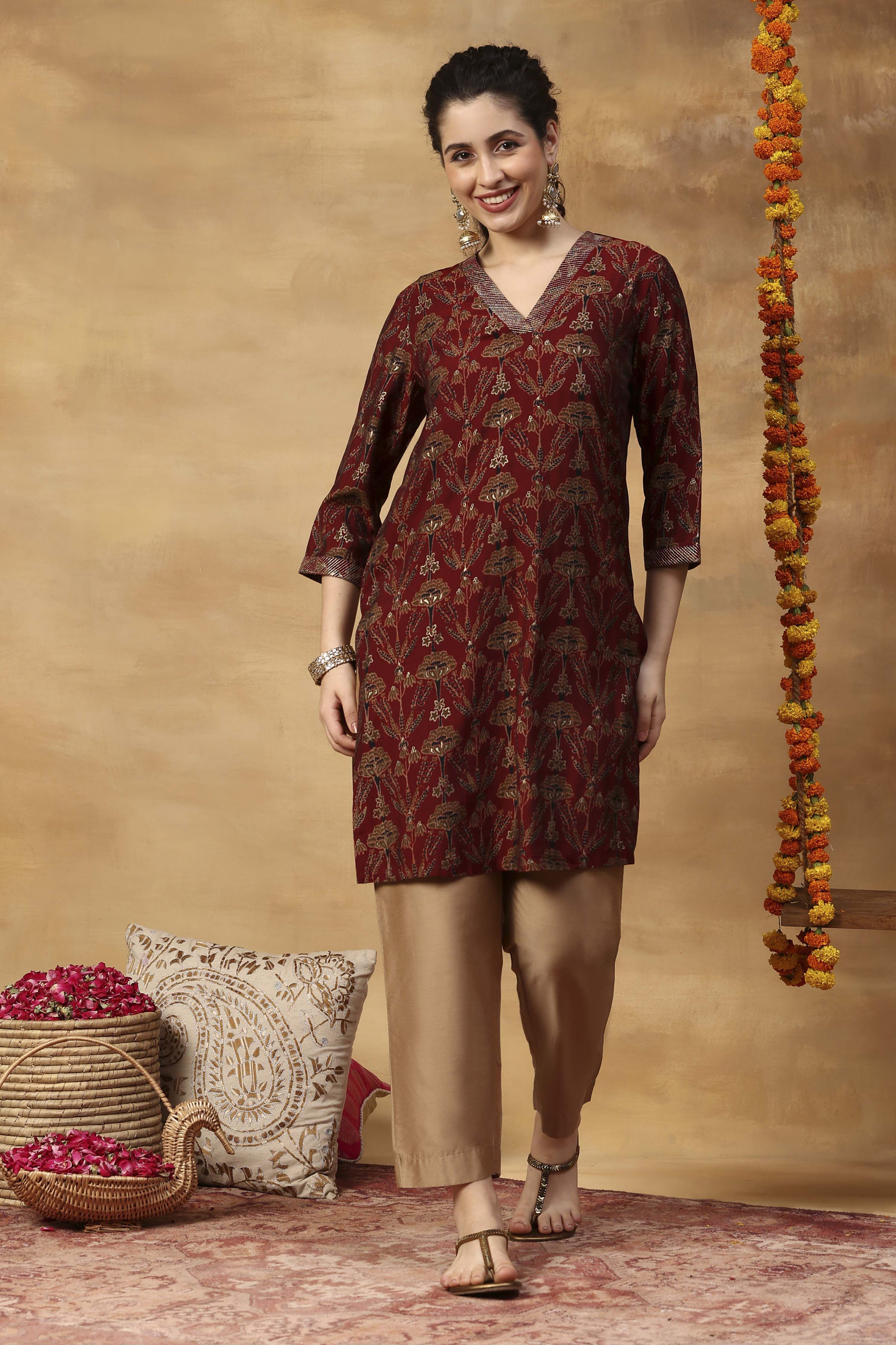 Red Printed Straight Kurta image number 5