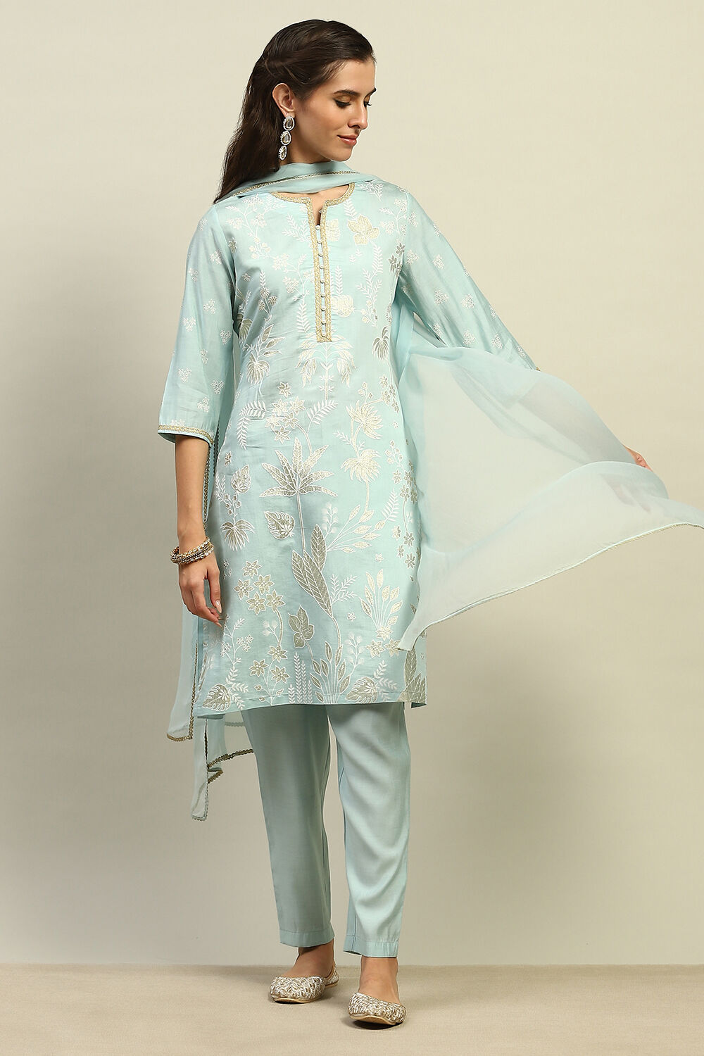 Blue Viscose Muslin Straight Printed Kurta Palazzo Suit Set image number 0
