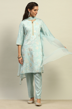 Blue Viscose Muslin Straight Printed Kurta Palazzo Suit Set image number 0