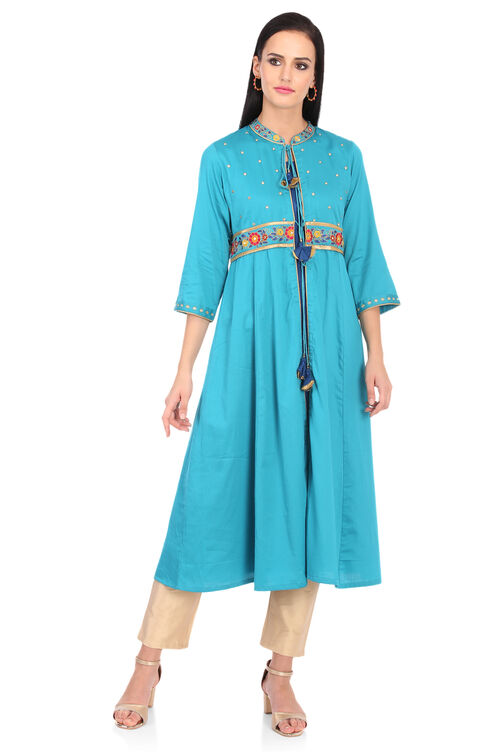 Turquoise Front Open Cotton Kurta image number 0