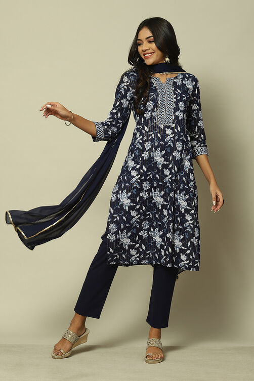 Indigo Blue Cotton Straight Printed Kurta Palazzo Suit Set image number 7