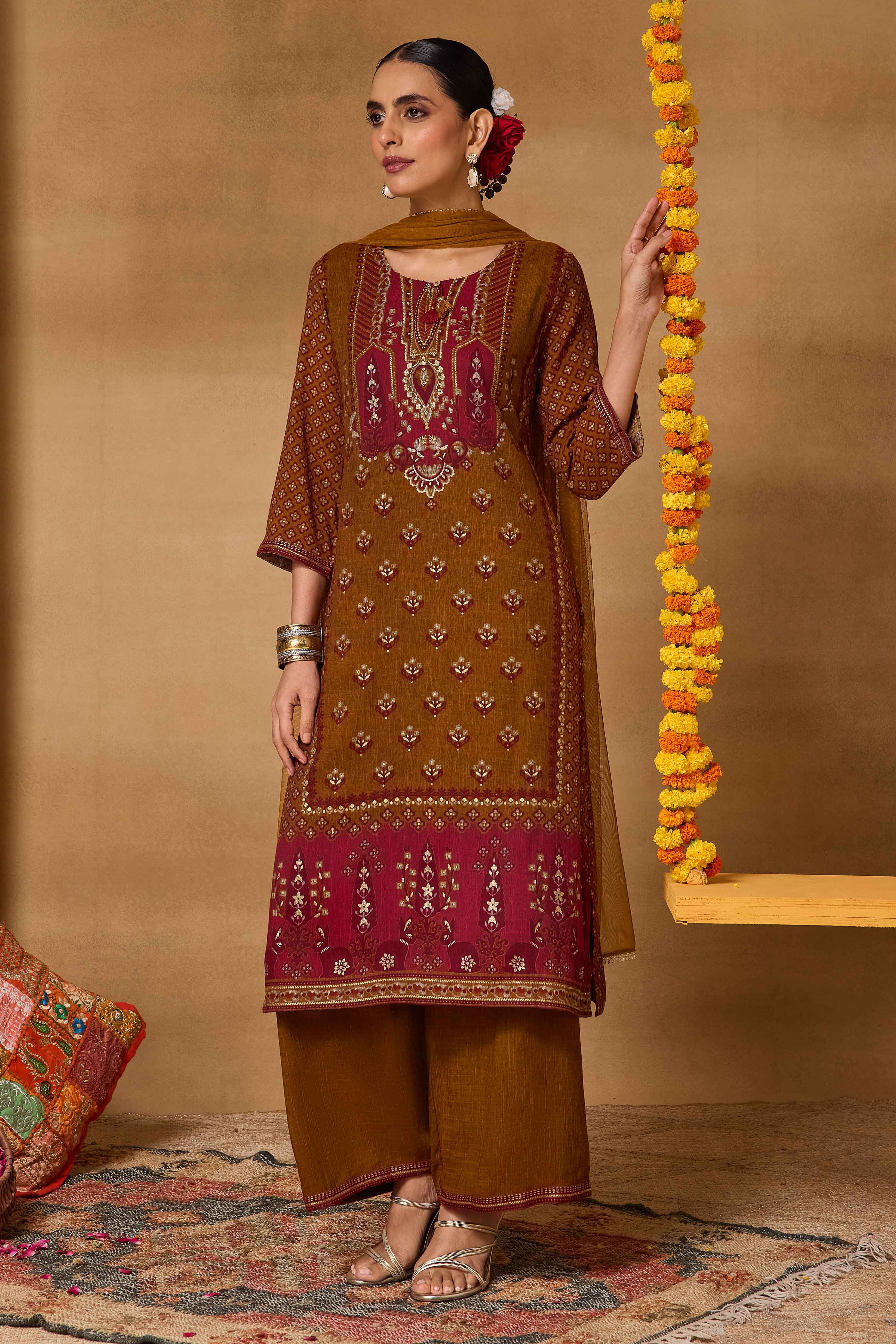 Mustard Viscose Blend Straight Printed Suit Set image number 4