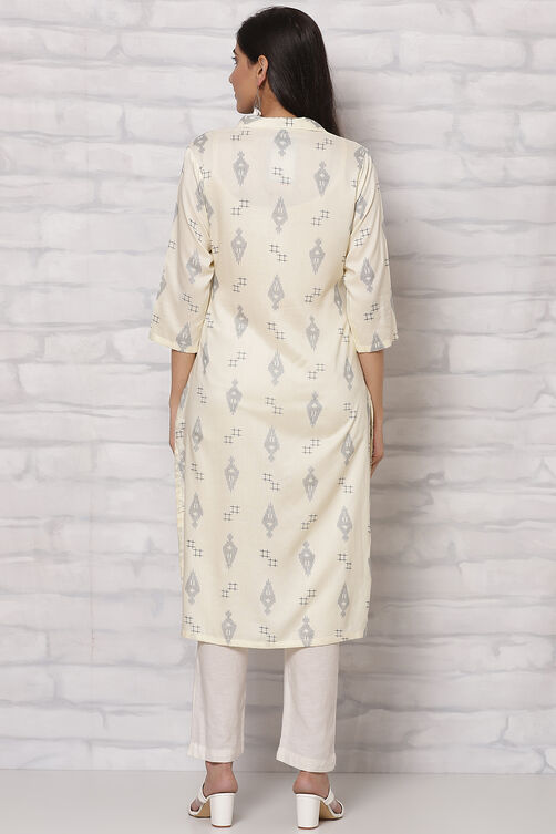 Off White LIVA Straight Kurta image number 4