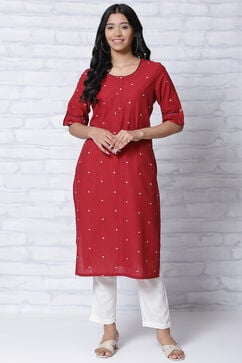 Red Poly Cotton Straight Kurta image number 0