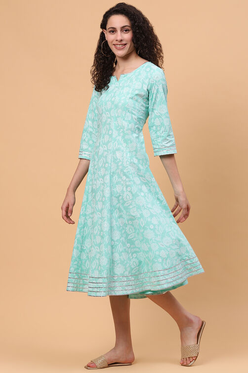 Mint Green Cotton Kalidar Kurta Dress image number 2