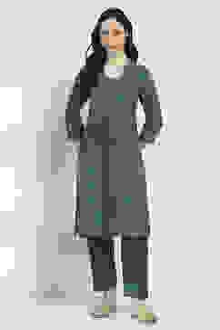 Teal Printed Straight Kurta Set image number 6