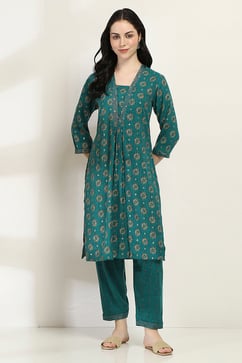 Teal Printed Straight Kurta Set image number 6