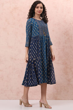 Blue Art Silk Tiered Dress image number 3