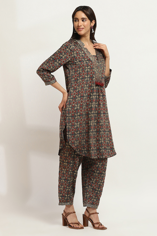 Navy Blue Printed Straight Co-ord Set image number 5