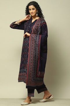 Indigo Poly Viscose Straight Yarndyed Kurta Palazzo Suit Set image number 4