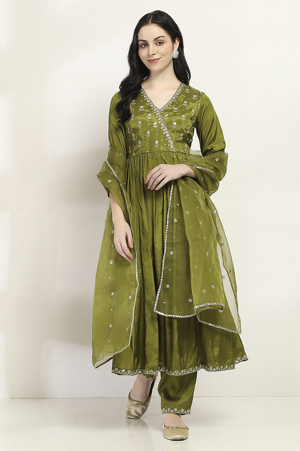 Green Gathered Kalidar Suit Set image number 6