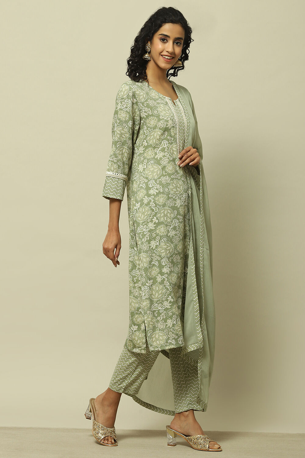 Sage Green Printed  Kurta & Pants Suit Set image number 5