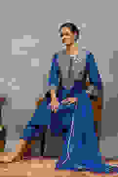 Blue Viscose Blend Embroidered Kalidar Suit Set image number 0