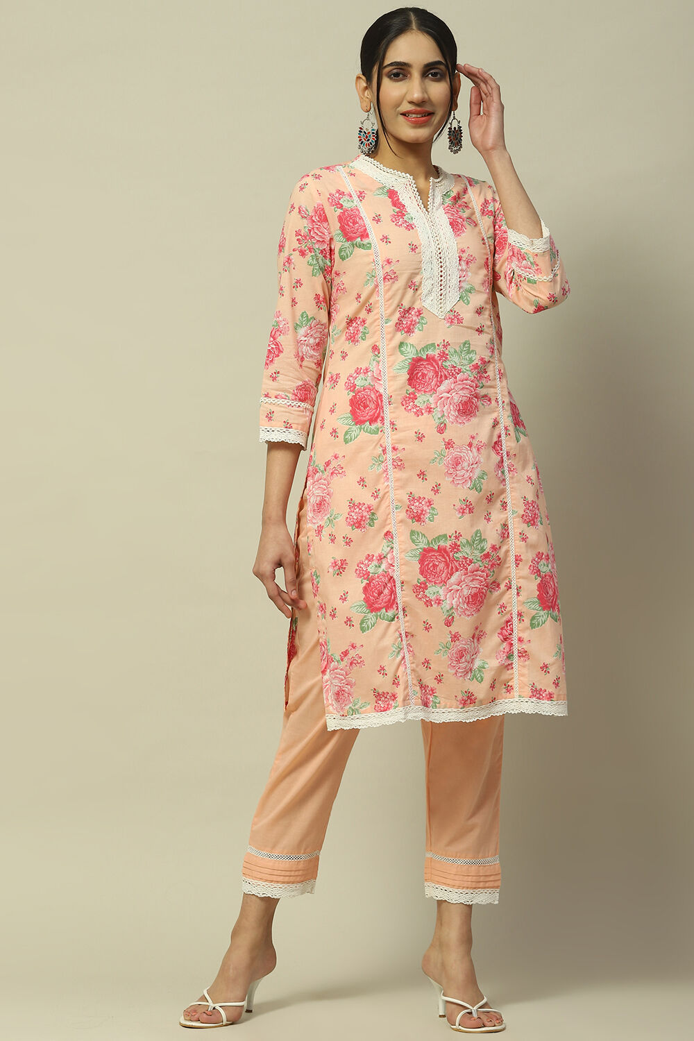 White Cambric Floral Printed Straight Kurta Set image number 0