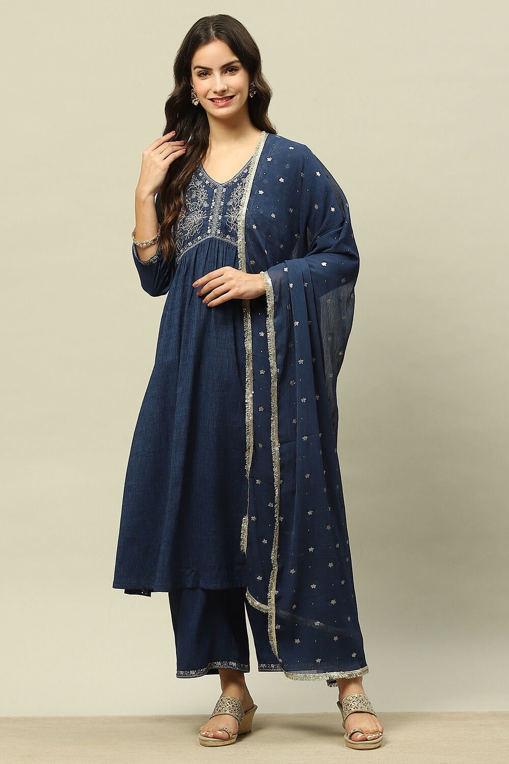 Blue Viscose Blend Gathered Yarn Dyed Kurta Palazzo Suit Set image number 0