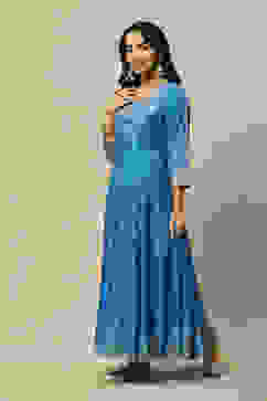 Blue LIVA Flared Printed Dress image number 2