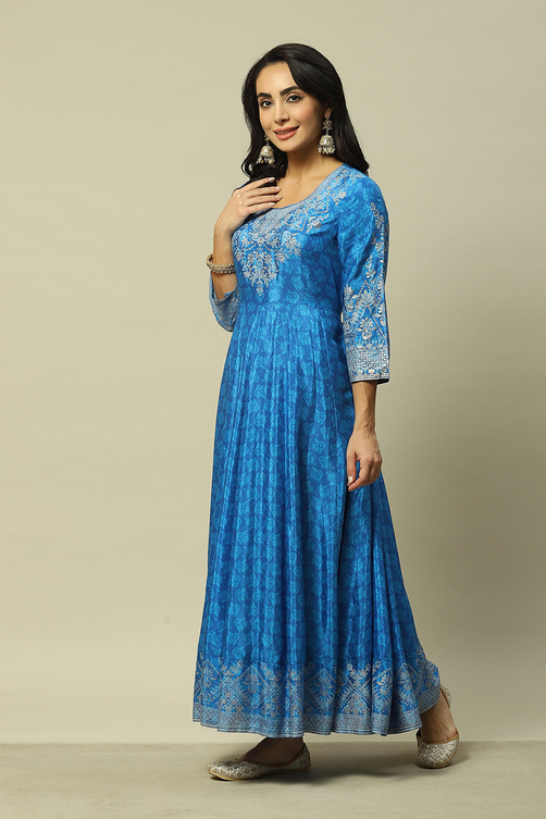 Blue LIVA Flared Printed Dress image number 2