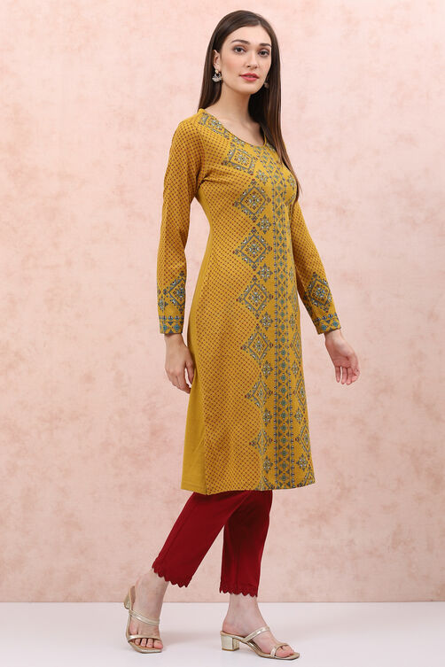 Mustard Acrylic Straight Kurta image number 3