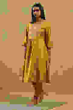 Mustard Yellow Pleated Straight Suit Set image number 7