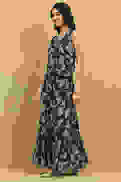 Indigo Blue Viscose Blend Printed Crop Top & Blouse Top Palazzo Set image number 3