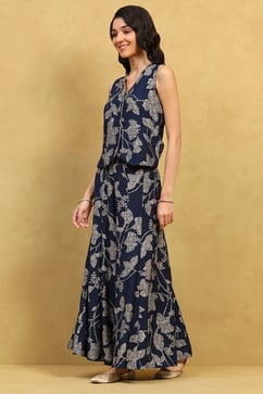 Indigo Blue Viscose Blend Printed Crop Top & Blouse Top Palazzo Set image number 3