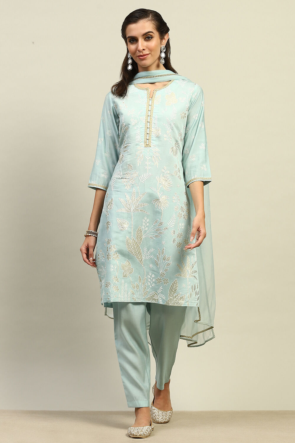 Blue Viscose Muslin Straight Printed Kurta Palazzo Suit Set image number 5