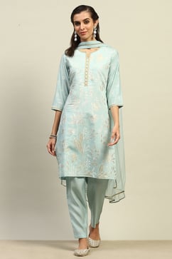Blue Viscose Muslin Straight Printed Kurta Palazzo Suit Set image number 5