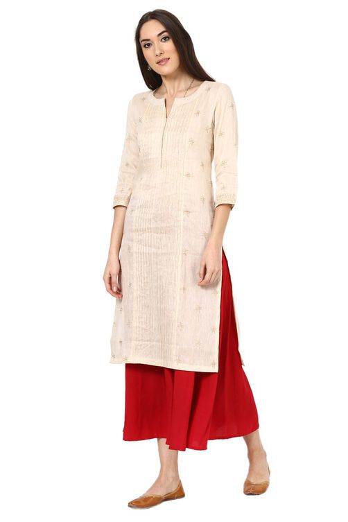 Beige Straight Poly Cotton Kurta image number 5