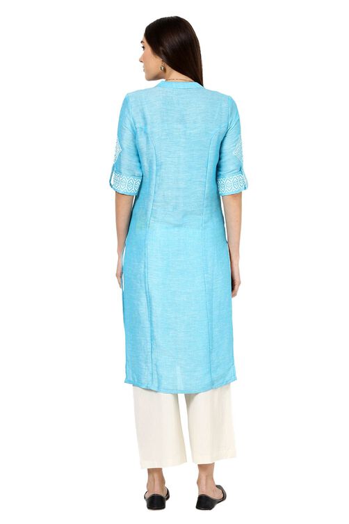 Blue Straight Poly Cotton Kurta image number 3