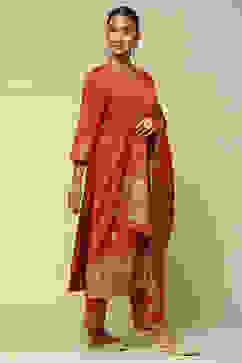 Rust-Red Acrylic Straight Yarn Dyed Kurta Palazzo Suit Set image number 5